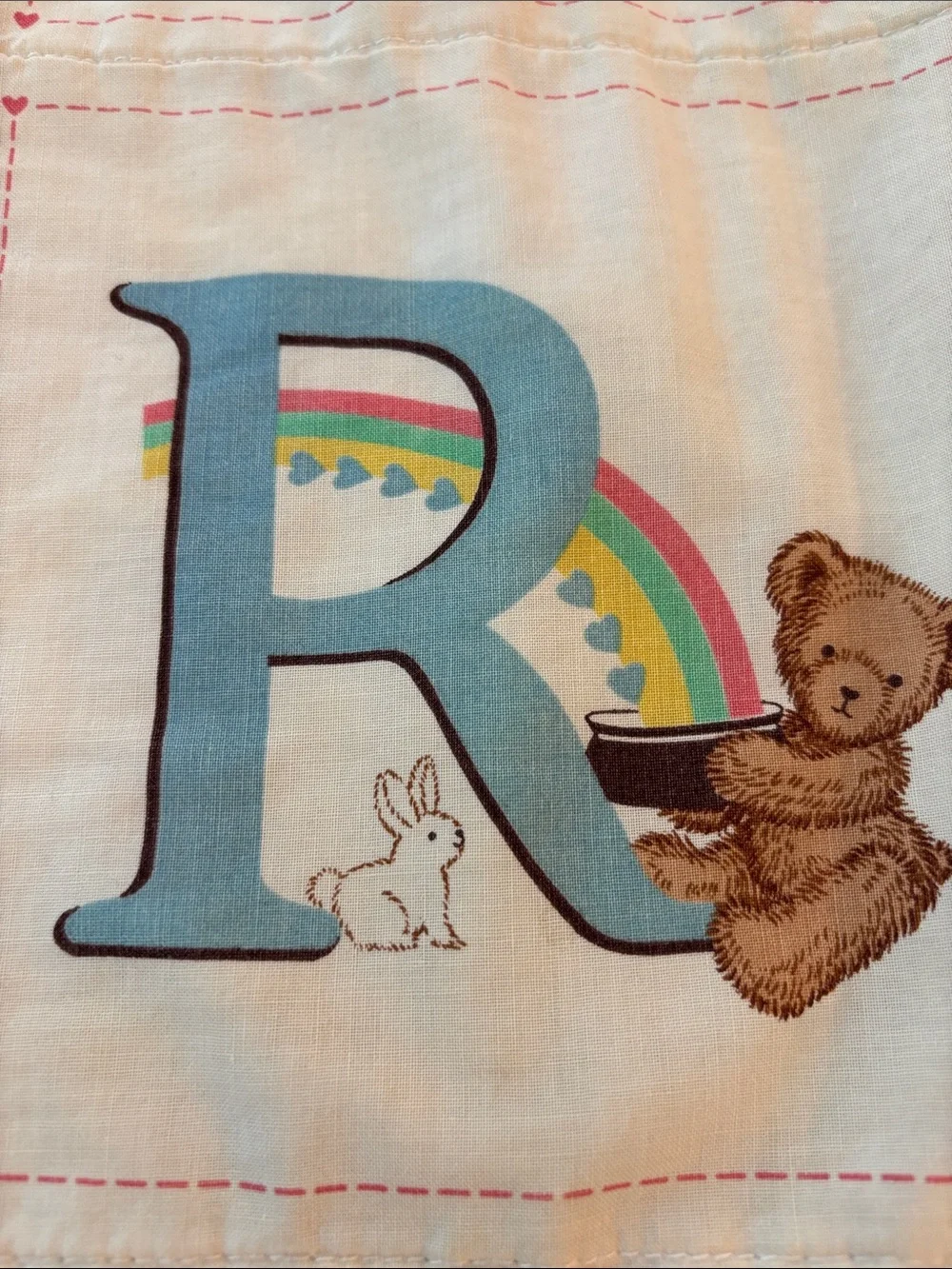 Vintage Handmade Blue Alphabet Teddy Baby Quilt - Adorable Hung on Wall/Display